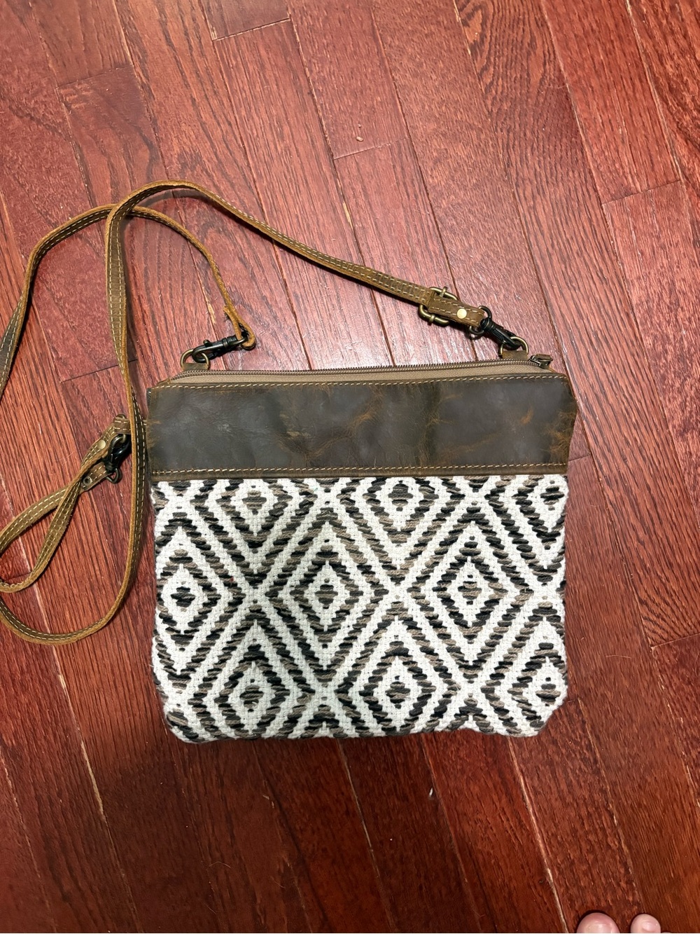 Myra Bag Black, White & Brown Woven Diamond Crossbody Purse